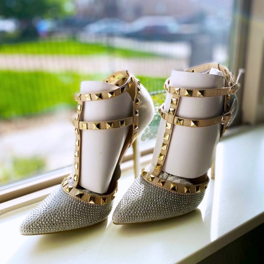 NEW T-Strap Studded Heels in Silver Suede - Picture 5 of 6